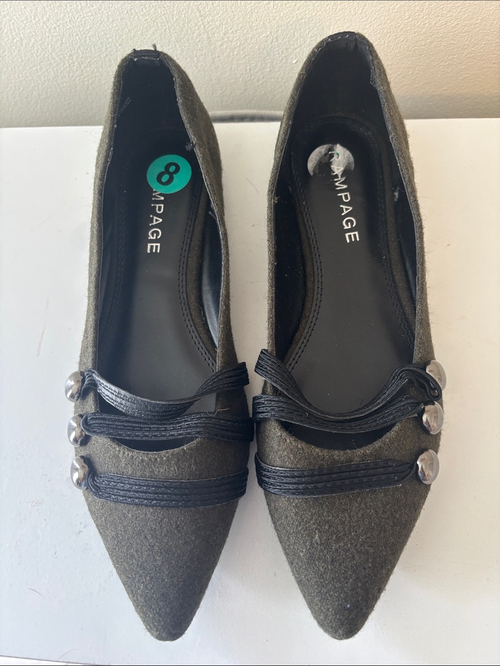 Rampage Olive Pointed Toe Flats with Black Strap & Silver Accent Buttons